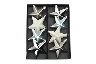 Sada 8 hvězdiček na stromek - Stříbrná, šedá, bílá (65mm)