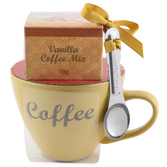 Dárková sada, Vanilková káva 19 g, žlutý keramický hrnek s nápisem, 300 ml, lžička
