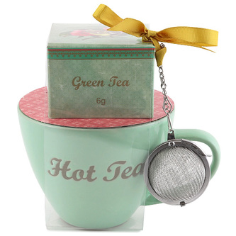 Dárková sada, Zelený čaj 6 g, zelený keramický hrnek s nápisem, 300 ml, sítko