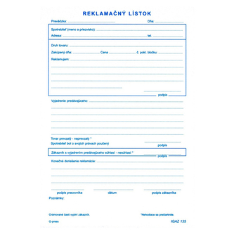 Reklamační lístek A5, samopr. (135)