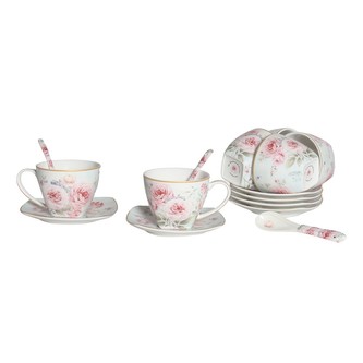 HOME ELEMENTS Sada 6 ks - šálky 250 ml s podšálky a lžičkami, Růže