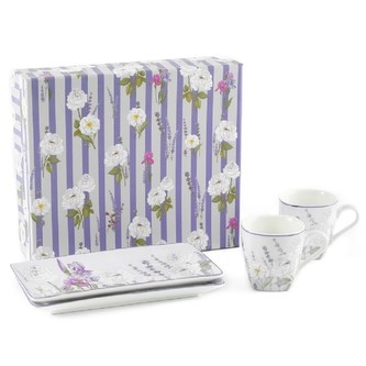 HOME ELEMENTS Espresso set 2 šálky, 90 ml, s podtácky, Levandule