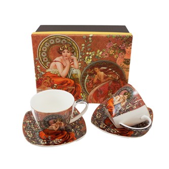 HOME ELEMENTS Sada dvou šálků 250 ml, s podšálky a lžičkami, Mucha tmavý