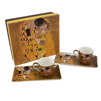 HOME ELEMENTS Espresso set 2 šálky, 90 ml, s podtácky, Klimt, Polibek zlatý