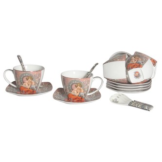 HOME ELEMENTS Sada 6 ks - šálky 250 ml s podšálky a lžičkami, Mucha tmavý