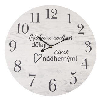 Hodiny nástěnné dřevo Láska... bílé/šedé pr. 59 cm