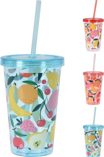 kelímek 0,6l+víčko, OVOCE, brčko, plast