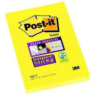 Samolepicí bloček "Super Sticky", ultra žlutá, 102 x 152 mm, 90 listů, linkovaný, 3M POSTIT 71001727