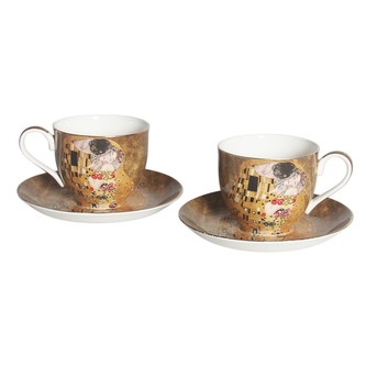 HOME ELEMENTS Hrnek 270 ml, s podšálkem, Klimt, Polibek světlý, sada 2+2