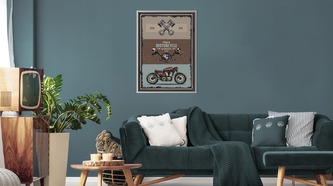 Obraz v rámu Motocykl S Příslušenstvím A Nápisy Ve Stylu Vintage různé rozměry hliníkový rám černá