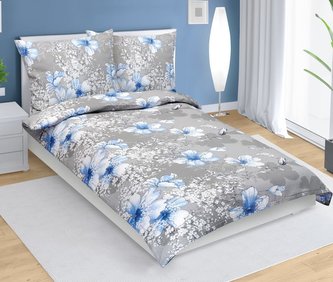 Povlečení krepové - modrý ibišek na šedé - 140x200, 70x90 cm
