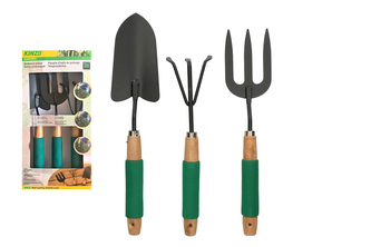 3 dílná zahradnická sada - ruční hrábě, rycí vidle, ruční lopata - kov se dřevem - měkká rukojeť 3 dílná zahradnická sada - ruční hrábě, rycí vidle, ruční lopata - kov se dřevem - měkká rukojeť