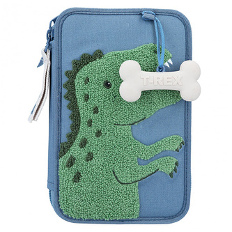 Penál dvě patra s výbavou Dino World, Modrý, zelený plyšový T-Rex