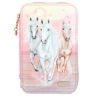 Penál 3 patra s výbavou Miss Melody, Růžový + pastelové barvy, 3 koně v běhu vodou