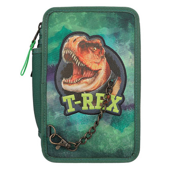 Penál 3 patra s výbavou Dino World, T-Rex na řetězu, zelená mračna v pozadí