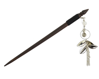 Jehlice do vlasů 18,5 cm, dřevo, velká kovová ozdoba N - Spirála, lístky, korálek bílý