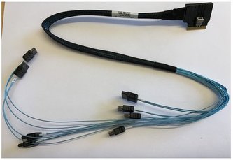 SFF-8654-4i (SlimSAS ×4) zalomený -> 4× SATA rovný - 56/46/46/56cm, 100ohm kabel (SATA/SAS)