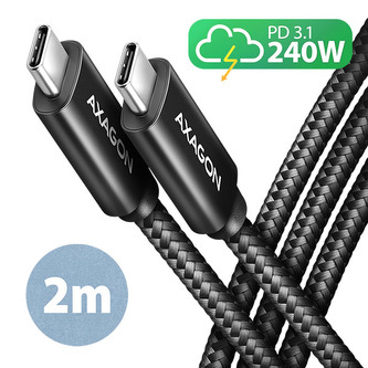 AXAGON BUCM2-CM20AB, CHARGE kabel USB-C  USB-C, 2m, Hi-Speed USB, PD 240W 5A, ALU, oplet, černý