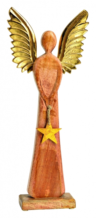 Dřevěný anděl Mango gold s kovovými křídly 45x17x6 cm