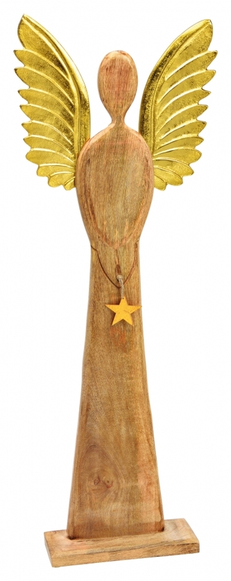 Dřevěný anděl Mango gold s kovovými křídly 115x45x13 cm