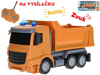 R/C auto stavební sklápěčka 23cm plná funkce 27MHz na baterie se světlem v krabičce