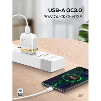 Cestovní nabíječ LDNIO, QC 3.0 + PD 20W, lightning kabel, barva bílá