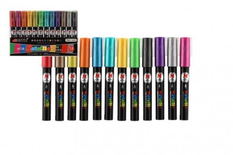 Akrylové fixy metalické 12ks i na keramiku,sklo,kameny-hrot 4mm v krabičce 18,5x12cm