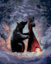 Malování podle čísel - DÍVKA V ČEREVENÝCH ŠATECH A MEDVĚD - 80x100 cm, vypnuté plátno na rám