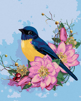 Malování podle čísel - MODRÝ PTÁK A RŮŽOVÉ KVĚTY - 80x100 cm, bez rámu a bez vypnutí plátna