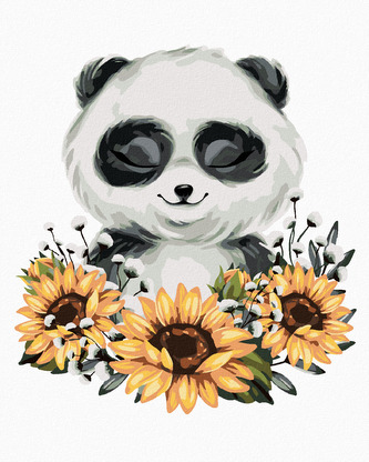 Malování podle čísel - PANDA SE SLUNEČNICEMI - 40x50 cm, bez rámu a bez vypnutí plátna