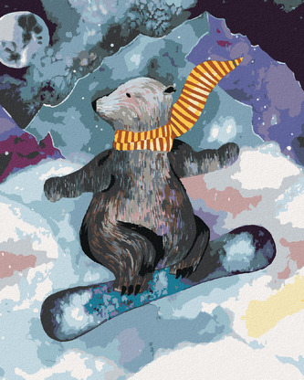 Malování podle čísel - MEDVĚD NA SNOWBOARDU - 40x50 cm, vypnuté plátno na rám