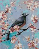 Malování podle čísel - PTÁČEK NA TŘEŠNI - 80x100 cm, bez rámu a bez vypnutí plátna