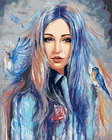 Malování podle čísel - ŽENA S MODRÝMI PTÁČKY - 80x100 cm, vypnuté plátno na rám