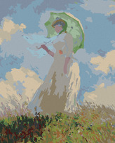 Malování podle čísel - ŽENA SE SLUNEČNÍKEM OTOČENÁ VLEVO (CLAUDE MONET) - 80x100 cm, bez rámu a bez vypnutí plátna