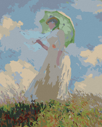 Malování podle čísel - ŽENA SE SLUNEČNÍKEM OTOČENÁ VLEVO (CLAUDE MONET) - 80x100 cm, bez rámu a bez vypnutí plátna