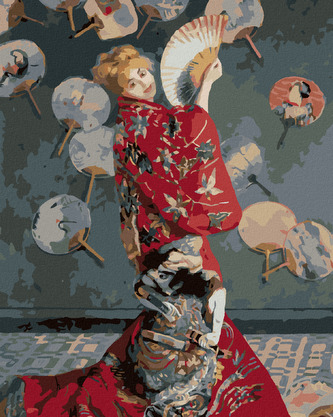 Malování podle čísel - PANÍ MONETOVÁ V JAPONSKÉM KIMONU (CLAUDE MONET) - 80x100 cm, bez rámu a bez vypnutí plátna