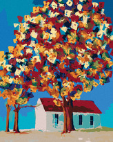 Malování podle čísel - BAREVNÉ STROMY A DOMEK - 80x100 cm, vypnuté plátno na rám