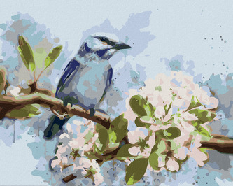 Malování podle čísel - MODRÝ PTÁK NA ROZKVETLÉ TŘEŠNI - 40x50 cm, bez rámu a bez vypnutí plátna