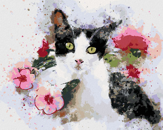 Malování podle čísel - ČERNOBÍLÁ KOČKA A RŮŽOVÉ KVĚTINY - 80x100 cm, bez rámu a bez vypnutí plátna