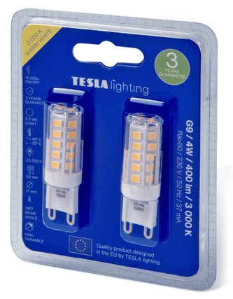 TESLA LED žárovka/ G9/ 4W/ 230V/ 400lm/ 3000K/ teplá bílá (2pack)