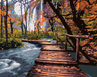 Malování podle čísel - DŘEVĚNÁ PROMENÁDA V PARKU - 80x100 cm, bez rámu a bez vypnutí plátna