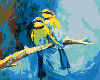 Malování podle čísel - BAREVNÍ PTÁČCI NA MODRÉM POZADÍ - 80x100 cm, vypnuté plátno na rám