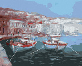 Malování podle čísel - DVĚ STEJNÉ LOĎKY V PŘÍSTAVU - 80x100 cm, bez rámu a bez vypnutí plátna