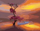 Malování podle čísel - LOĎKA S NÁDHERNĚ KVETOUCÍM STROMEM - 80x100 cm, bez rámu a bez vypnutí plátna