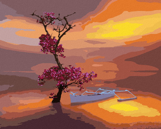 Malování podle čísel - LOĎKA S NÁDHERNĚ KVETOUCÍM STROMEM - 80x100 cm, bez rámu a bez vypnutí plátna Malování podle čísel - LOĎKA S NÁDHERNĚ KVETOUCÍM STROMEM - 80x100 cm, bez rámu a bez vypnutí plátna