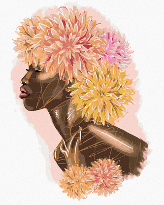 Malování podle čísel - AFRICKÁ ŽENA S BAREVNÝMI KVĚTINAMI - 80x100 cm, bez rámu a bez vypnutí plátna