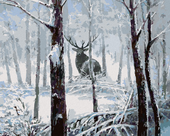 Malování podle čísel - JELEN V ZASNĚŽENÉM LESE - 40x50 cm, bez rámu a bez vypnutí plátna