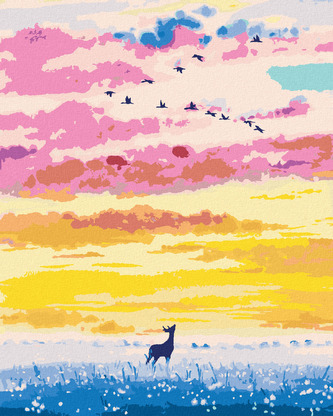 Malování podle čísel - JELEN V DIVOKÉM POLI SE SOUMRAKEM - 80x100 cm, vypnuté plátno na rám