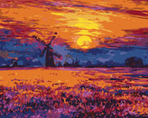 Malování podle čísel - BAREVNÝ ZÁPAD SLUNCE A VĚTRNÝ MLÝN - 80x100 cm, bez rámu a bez vypnutí plátna