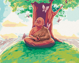 Malování podle čísel - BUDDHA SEDÍCÍ POD STROMEM UMĚNÍ - 80x100 cm, vypnuté plátno na rám